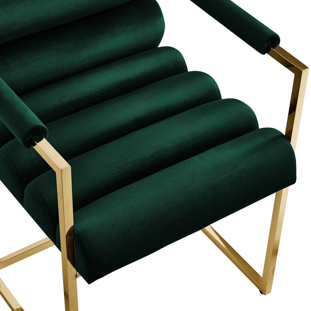 Set of Two Tufted Hunter Green And Gold Upholstered Velvet Dining Arm Chairs