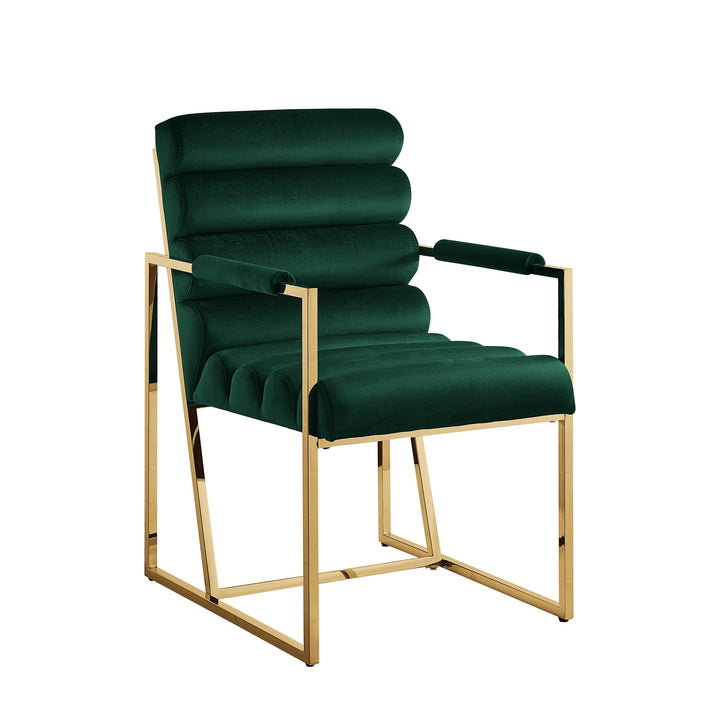 Set of Two Tufted Hunter Green And Gold Upholstered Velvet Dining Arm Chairs