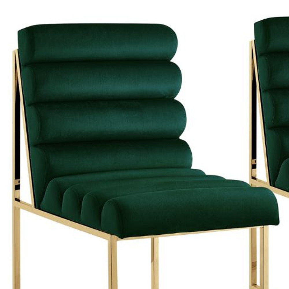 Set of Two Tufted Hunter Green And Gold Upholstered Velvet Dining Side Chairs