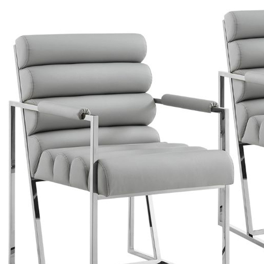 Set of Two Tufted Gray And Silver Metallic Upholstered Faux Leather Dining Arm Chairs