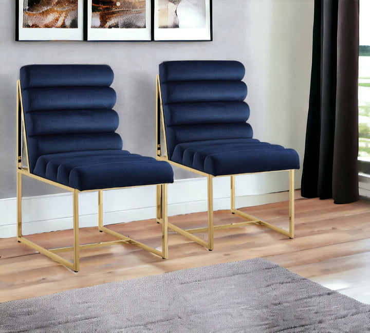 Set of Two Tufted Navy Blue And Gold Upholstered Velvet Dining Side Chairs