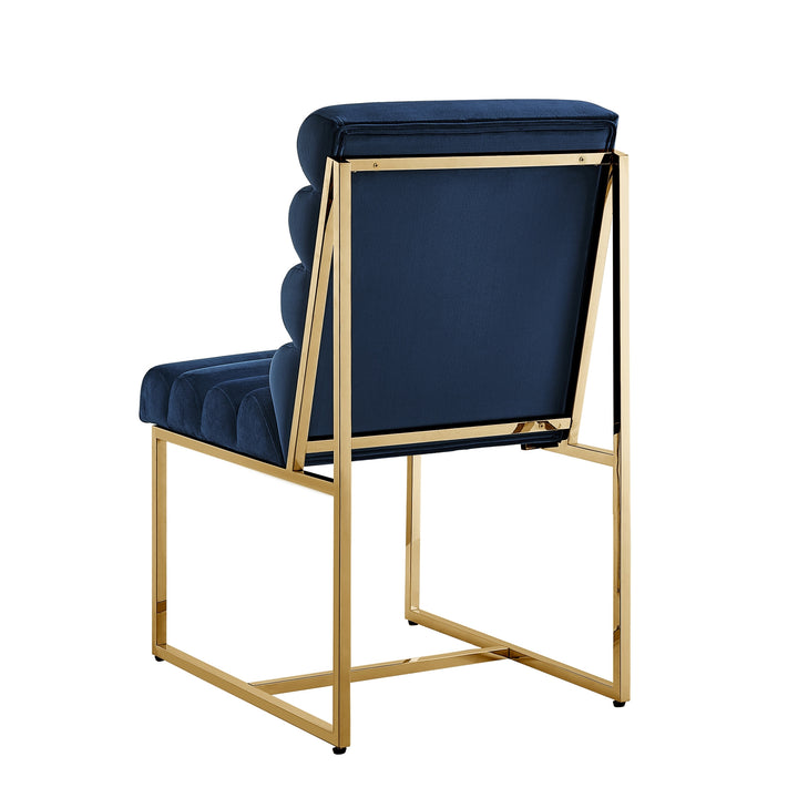 Set of Two Tufted Navy Blue And Gold Upholstered Velvet Dining Side Chairs