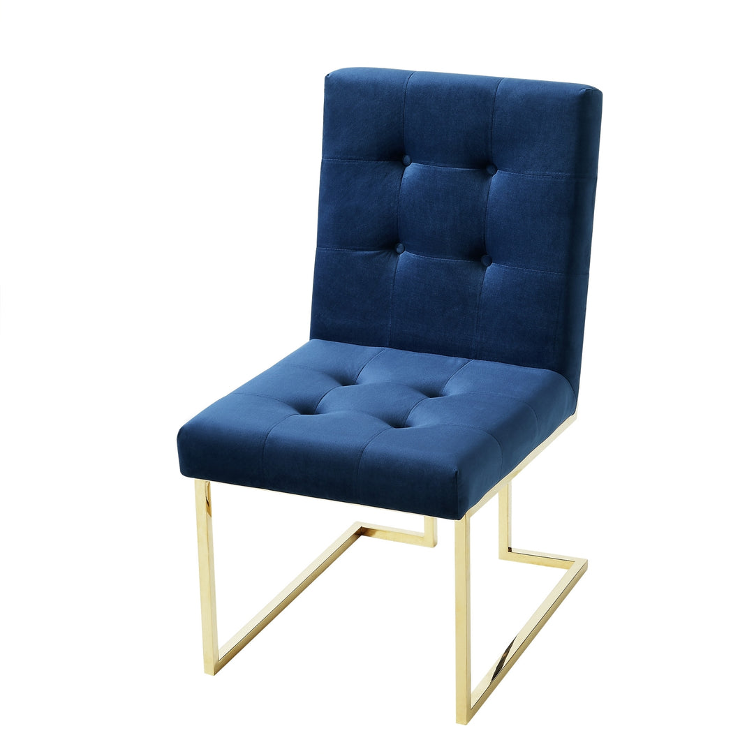 Set of Two Tufted Navy Blue And Gold Upholstered Velvet Dining Side Chairs