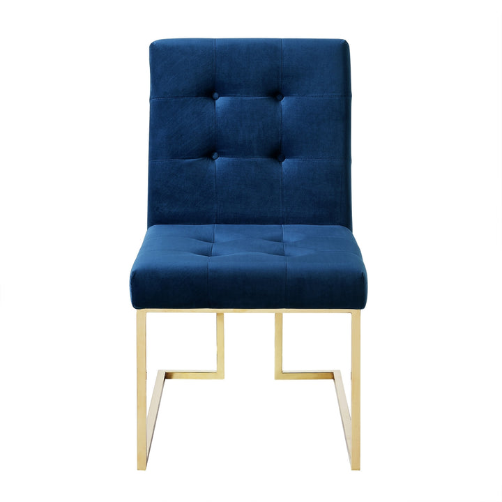 Set of Two Tufted Navy Blue And Gold Upholstered Velvet Dining Side Chairs