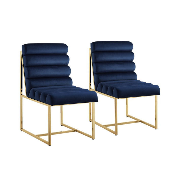 Set of Two Tufted Navy Blue And Gold Upholstered Velvet Dining Side Chairs