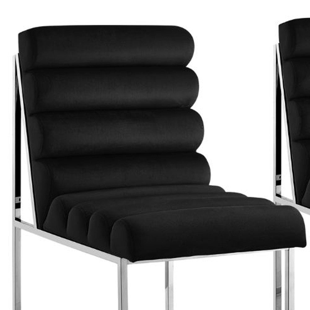 Set of Two Tufted Black And Silver Metallic Upholstered Velvet Dining Side Chairs