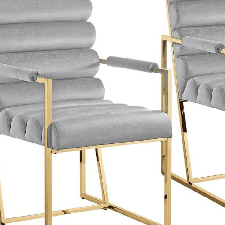 Set of Two Tufted Gray And Gold Upholstered Velvet Dining Arm Chairs