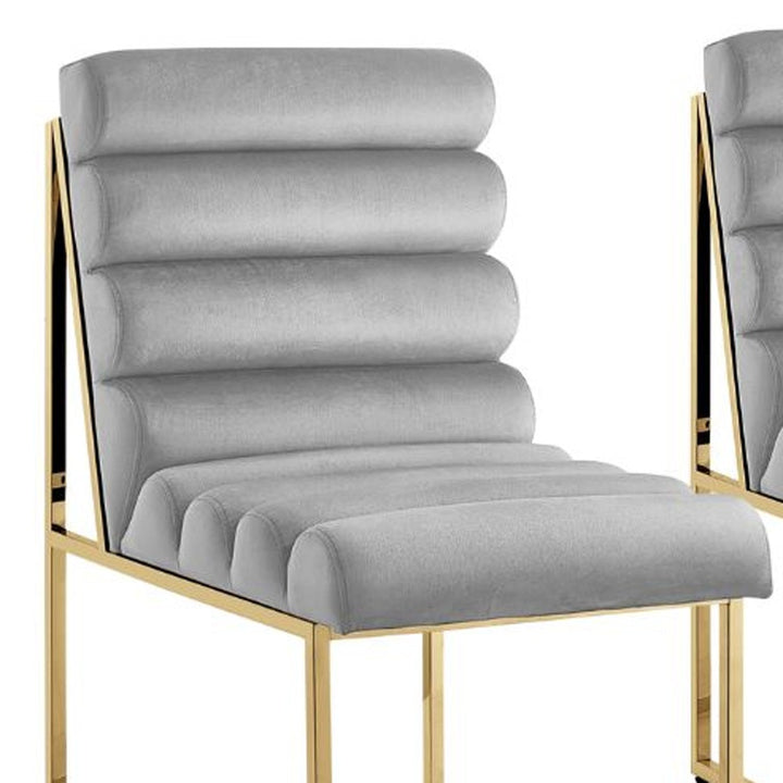 Set of Two Tufted Gray And Gold Upholstered Velvet Dining Side Chairs