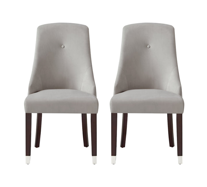 Set of Two Tufted Light Gray And Espresso Upholstered Velvet Dining Side Chairs