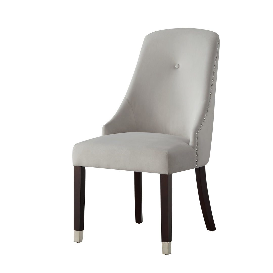 Set of Two Tufted Light Gray And Espresso Upholstered Velvet Dining Side Chairs