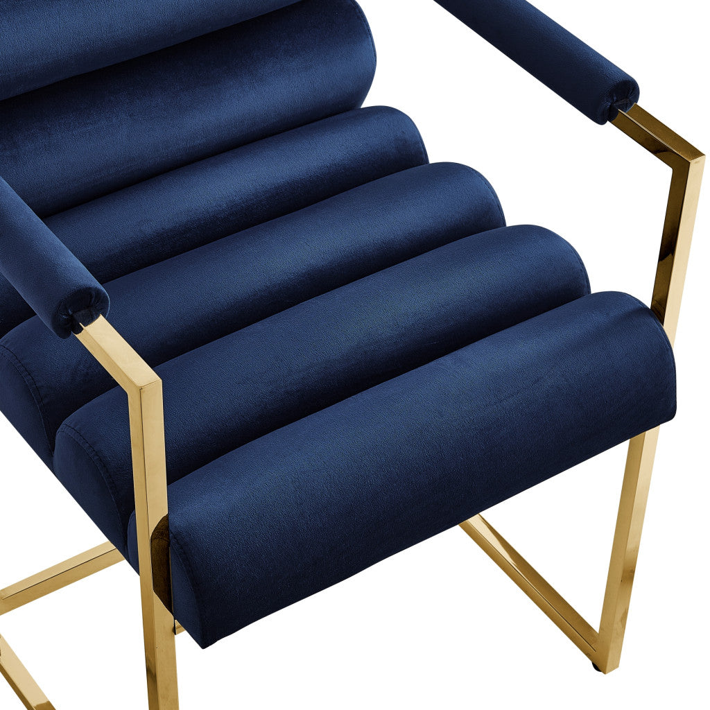 Set of Two Tufted Navy Blue And Gold Upholstered Velvet Dining Arm Chairs