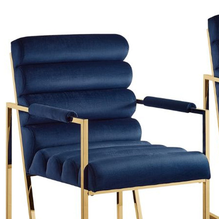 Set of Two Tufted Navy Blue And Gold Upholstered Velvet Dining Arm Chairs