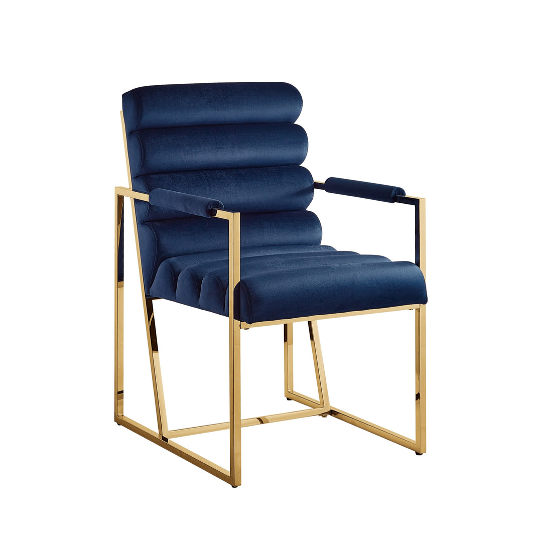 Set of Two Tufted Navy Blue And Gold Upholstered Velvet Dining Arm Chairs