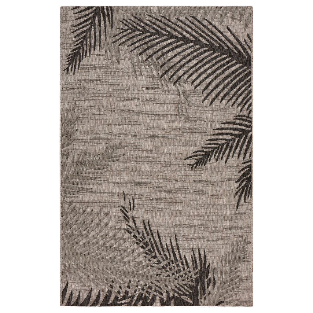 3' X 5' Black and Taupe Palm Leaf Stain Resistant Indoor Outdoor Area Rug