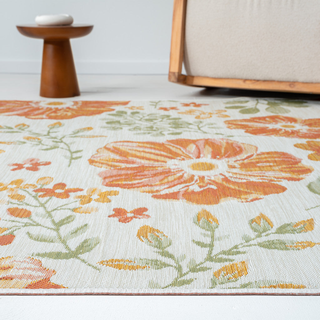 2' X 8' Ivory Green and Orange Floral Stain Resistant Indoor Outdoor Runner Rug