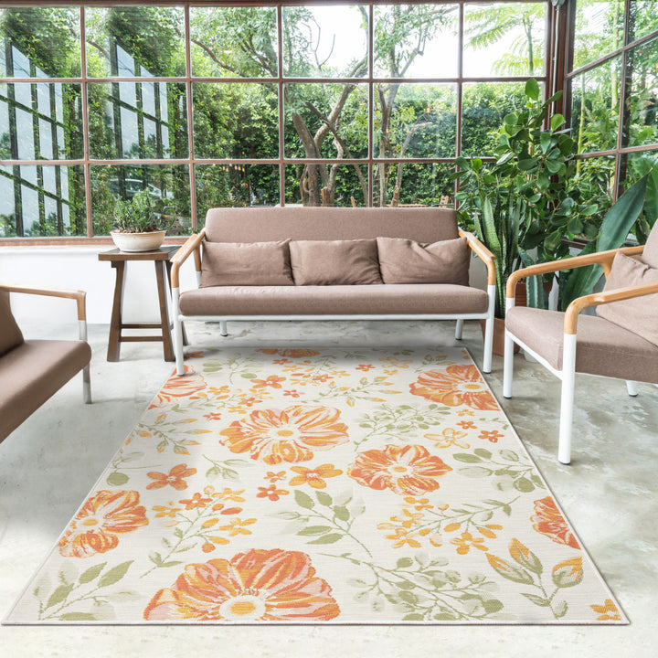 2' X 8' Ivory Green and Orange Floral Stain Resistant Indoor Outdoor Runner Rug