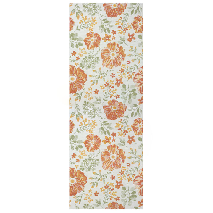 2' X 8' Ivory Green and Orange Floral Stain Resistant Indoor Outdoor Runner Rug