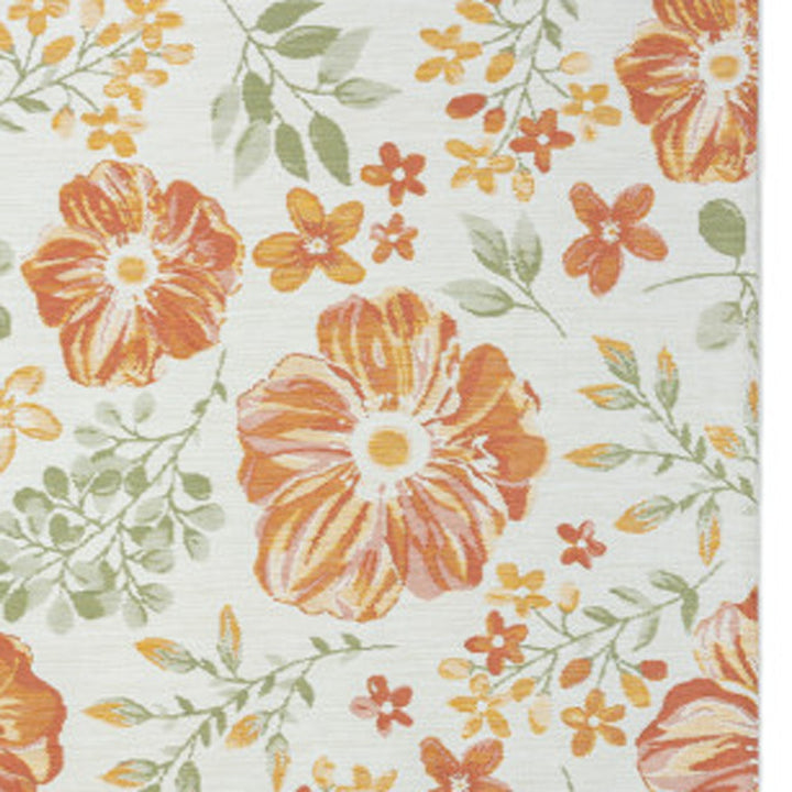 2' X 8' Ivory Green and Orange Floral Stain Resistant Indoor Outdoor Runner Rug