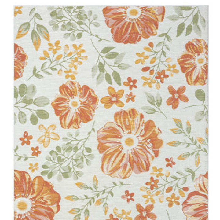 2' X 8' Ivory Green and Orange Floral Stain Resistant Indoor Outdoor Runner Rug