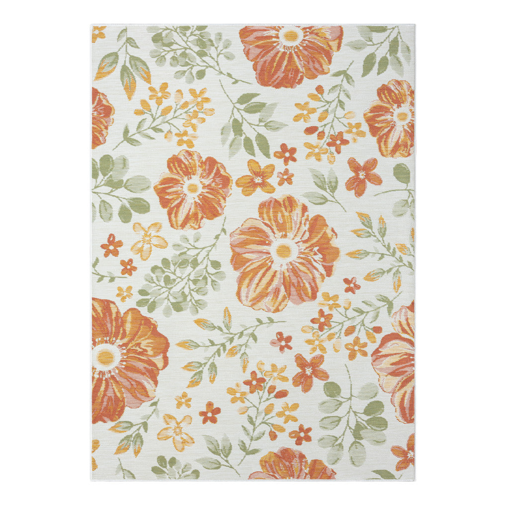 8' x 10' Ivory Green and Orange Floral Stain Resistant Indoor Outdoor Area Rug