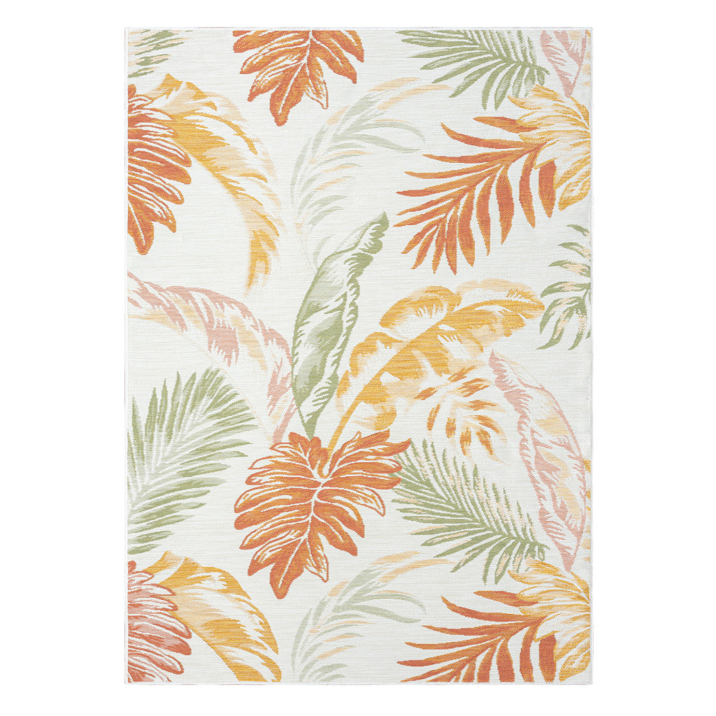 8' x 10' Ivory Green and Orange Palm Leaf Stain Resistant Indoor Outdoor Area Rug