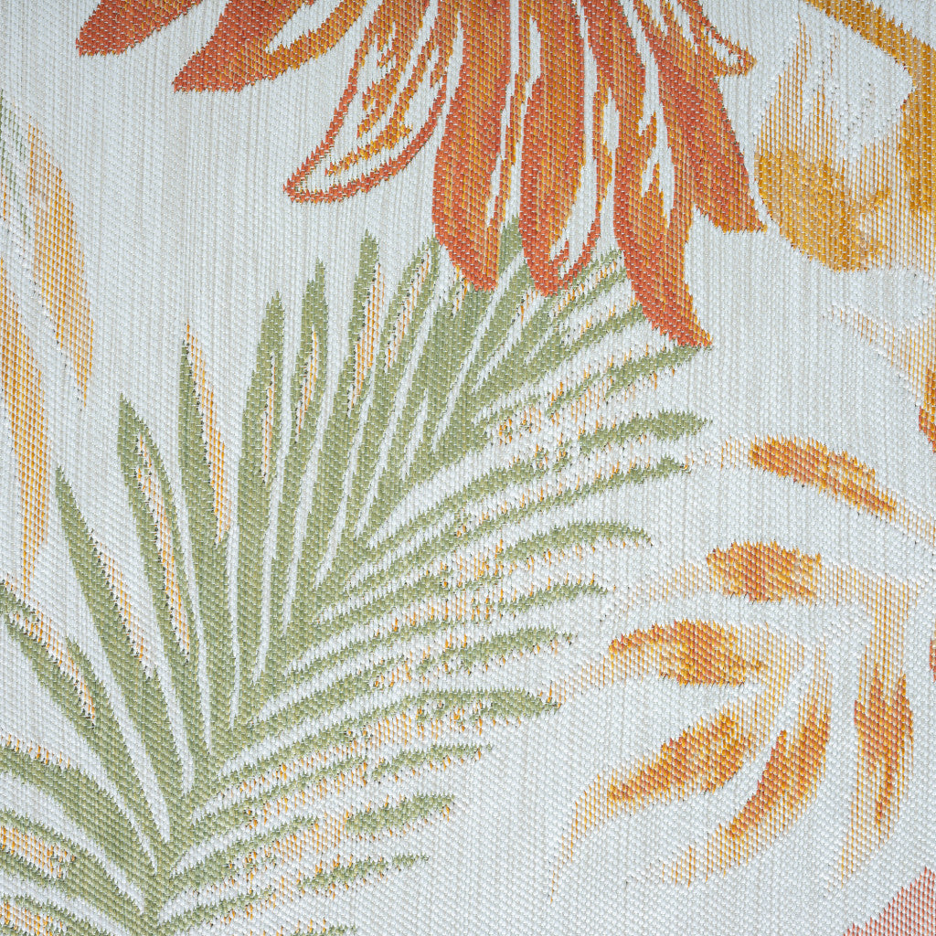 8' x 10' Ivory Green and Orange Palm Leaf Stain Resistant Indoor Outdoor Area Rug