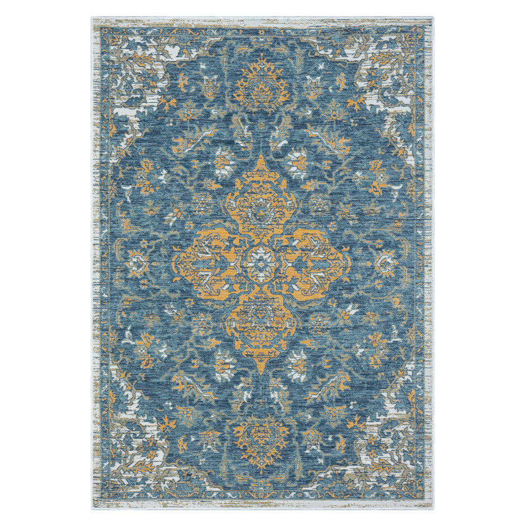 8' x 10' Blue and Ivory Medallion Stain Resistant Indoor Outdoor Area Rug