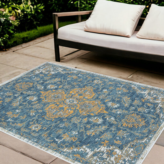 8' x 10' Blue and Ivory Medallion Stain Resistant Indoor Outdoor Area Rug