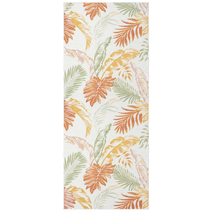 2' X 8' Ivory Green and Orange Palm Leaf Stain Resistant Indoor Outdoor Runner Rug