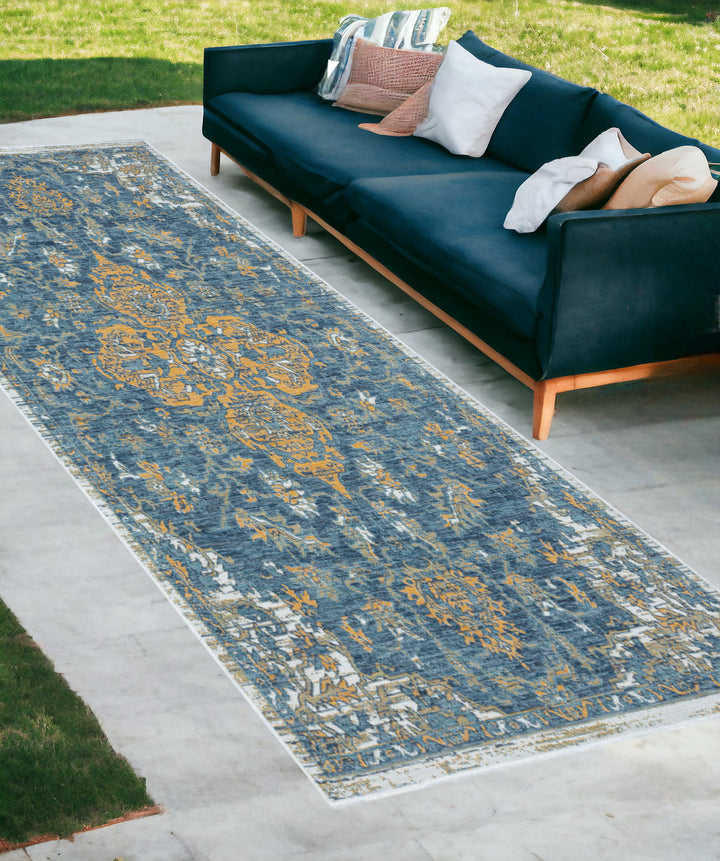 2' X 8' Blue and Ivory Medallion Stain Resistant Indoor Outdoor Runner Rug