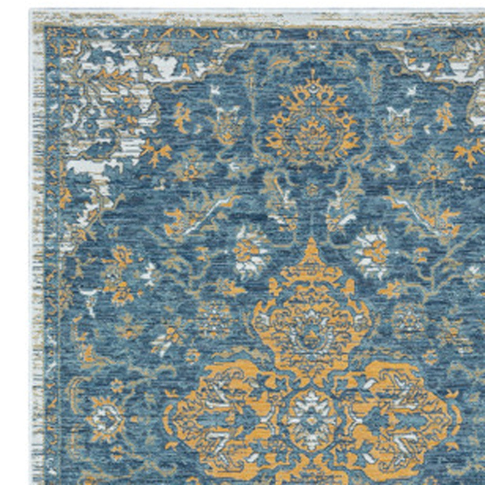 2' X 8' Blue and Ivory Medallion Stain Resistant Indoor Outdoor Runner Rug