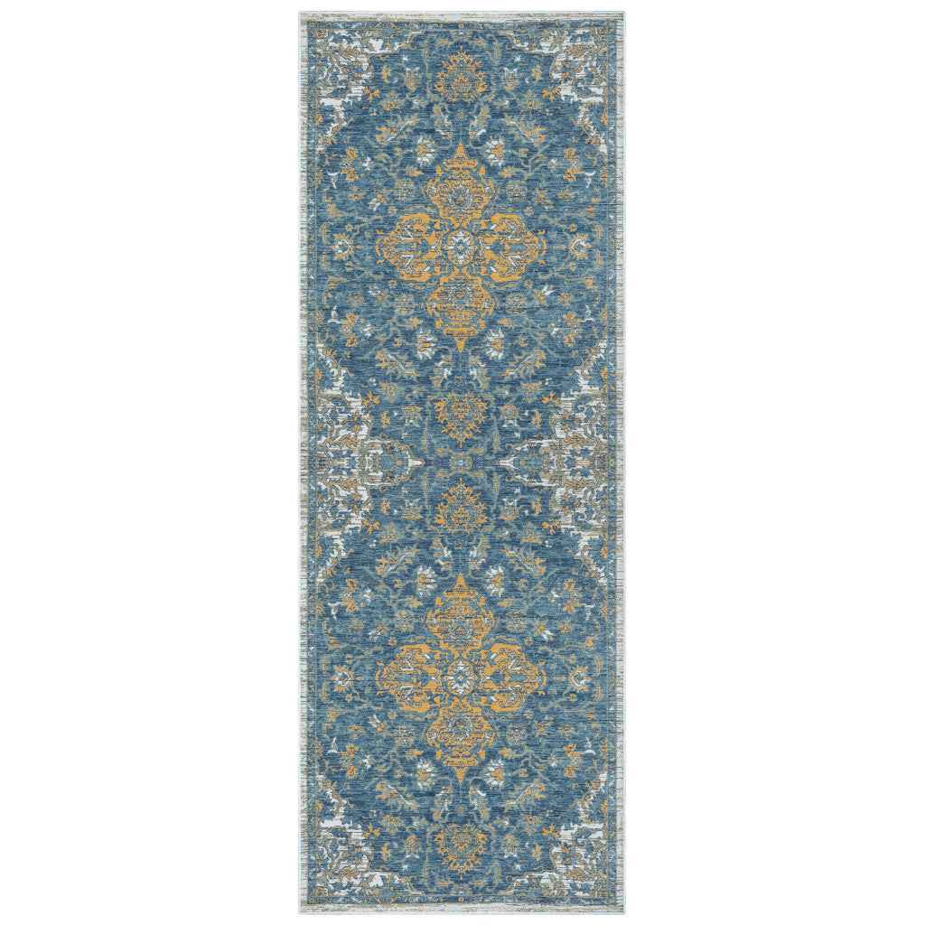 2' X 8' Blue and Ivory Medallion Stain Resistant Indoor Outdoor Runner Rug