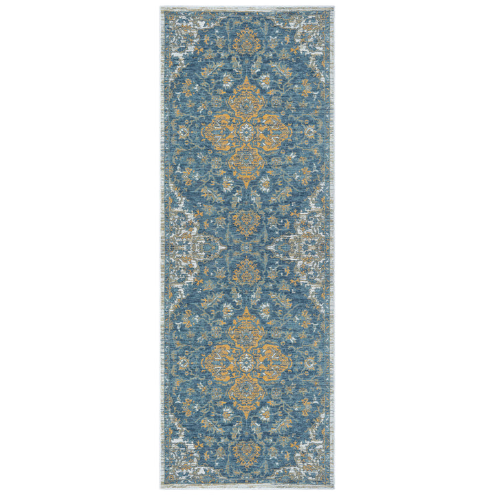 2' X 8' Blue and Ivory Medallion Stain Resistant Indoor Outdoor Runner Rug