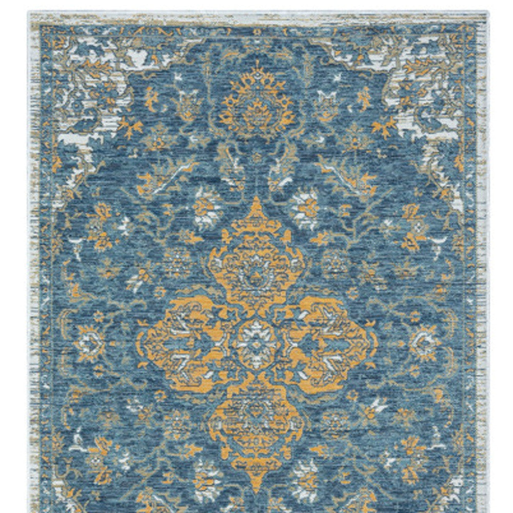 2' X 8' Blue and Ivory Medallion Stain Resistant Indoor Outdoor Runner Rug