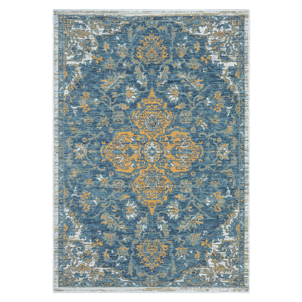 2' x 3' Blue and Ivory Medallion Stain Resistant Indoor Outdoor Area Rug