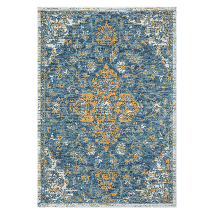 2' x 3' Blue and Ivory Medallion Stain Resistant Indoor Outdoor Area Rug