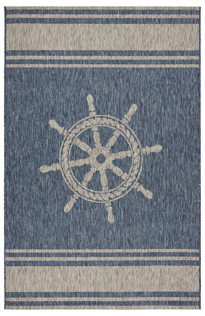 3' X 5' Blue and Gray Captain's Wheel Stain Resistant Indoor Outdoor Area Rug