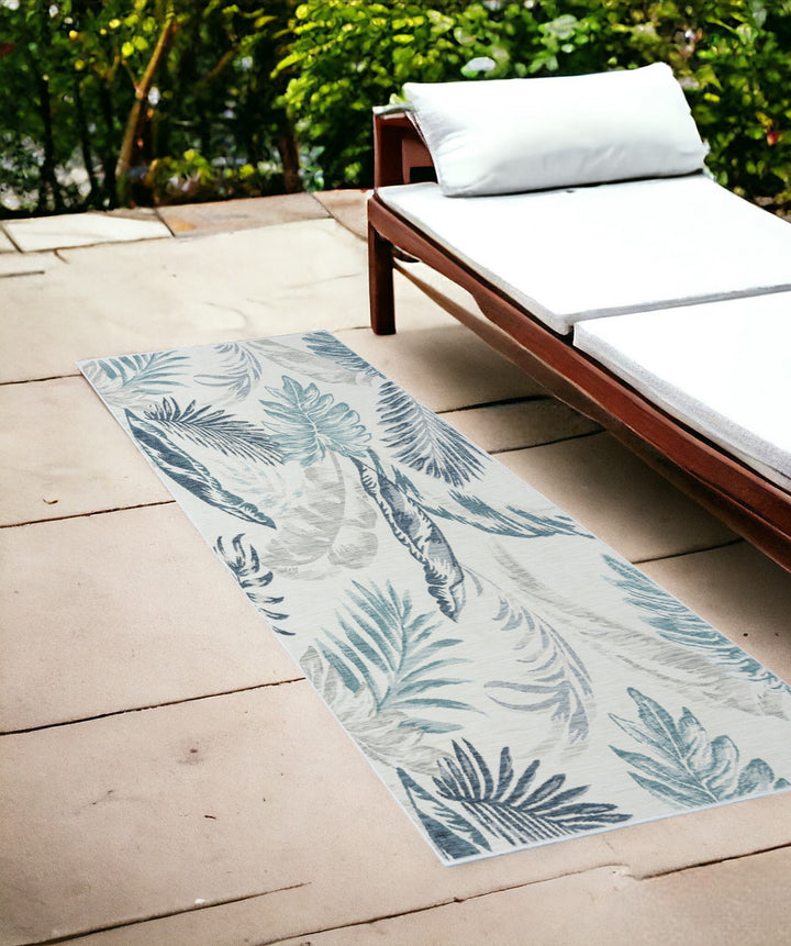 2' X 8' Blue and Serene White Palm Leaf Stain Resistant Indoor Outdoor Runner Rug