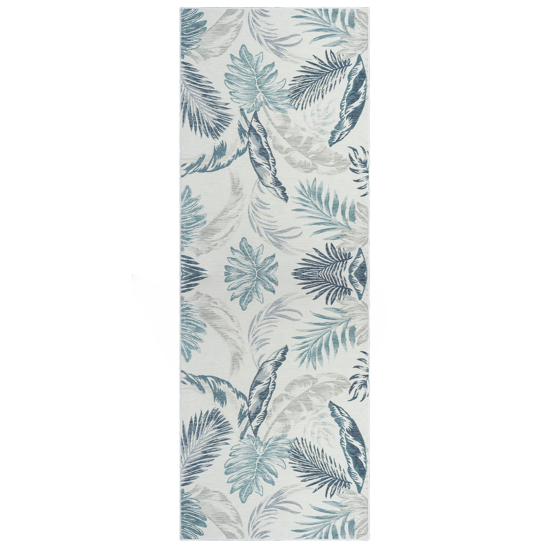 2' X 8' Blue and Serene White Palm Leaf Stain Resistant Indoor Outdoor Runner Rug