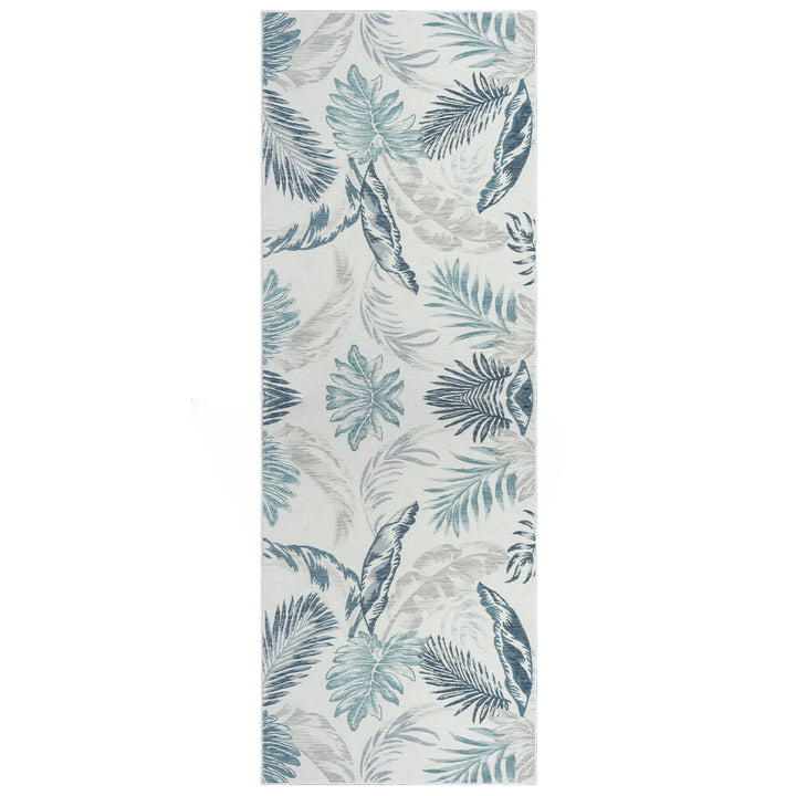 2' X 8' Blue and Serene White Palm Leaf Stain Resistant Indoor Outdoor Runner Rug