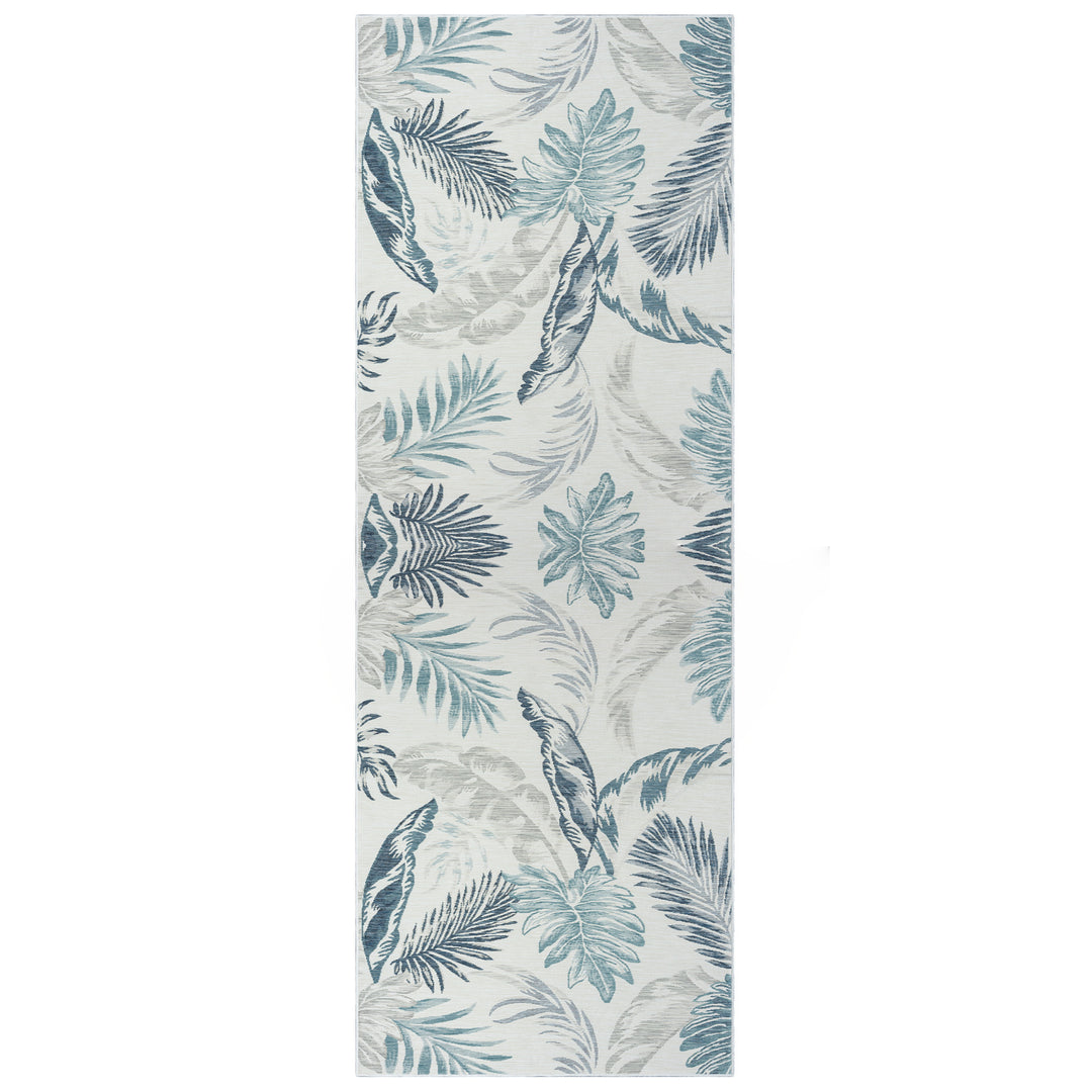 2' X 8' Blue and Serene White Palm Leaf Stain Resistant Indoor Outdoor Runner Rug