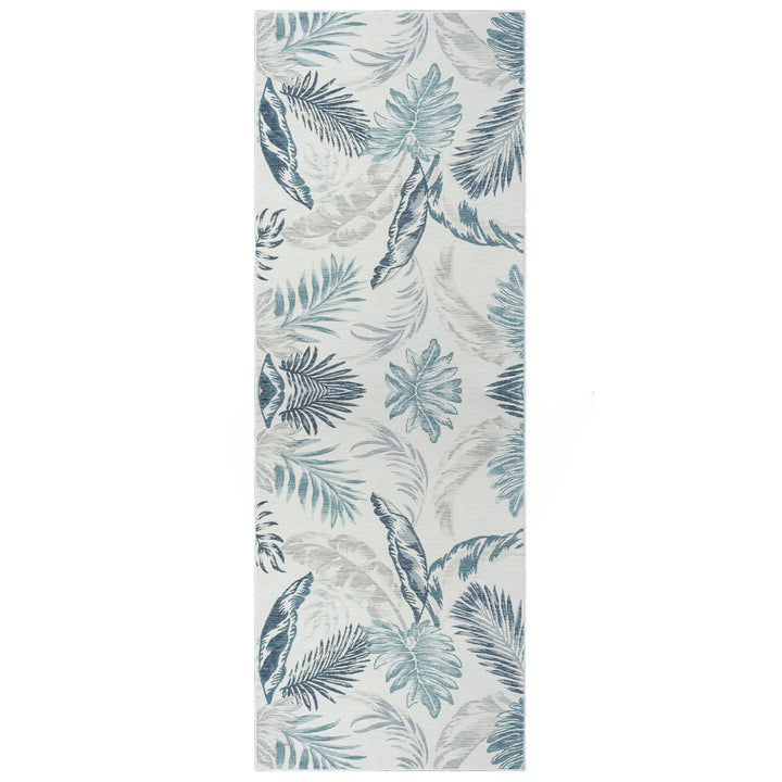 2' X 8' Blue and Serene White Palm Leaf Stain Resistant Indoor Outdoor Runner Rug