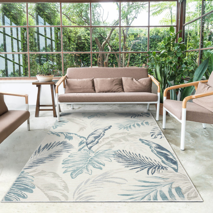 2' X 8' Blue and Serene White Palm Leaf Stain Resistant Indoor Outdoor Runner Rug