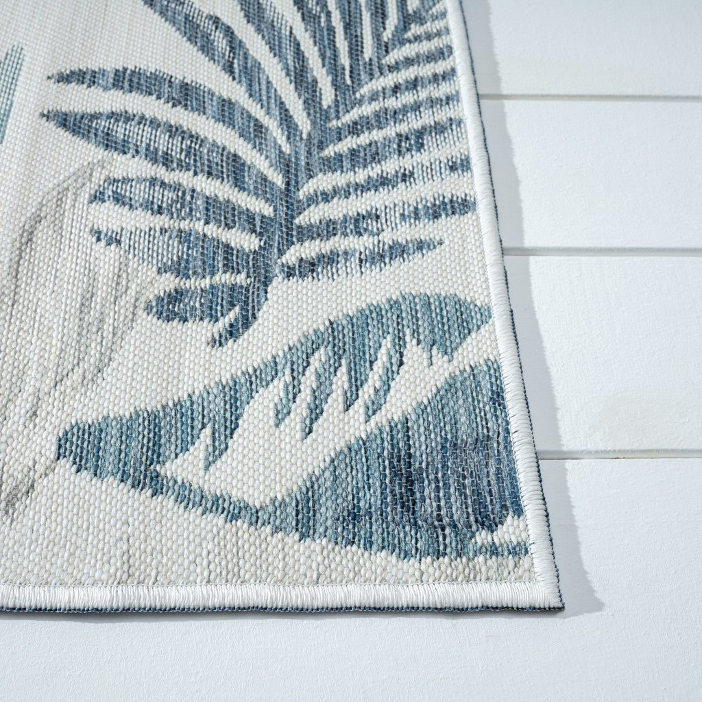 2' X 8' Blue and Serene White Palm Leaf Stain Resistant Indoor Outdoor Runner Rug