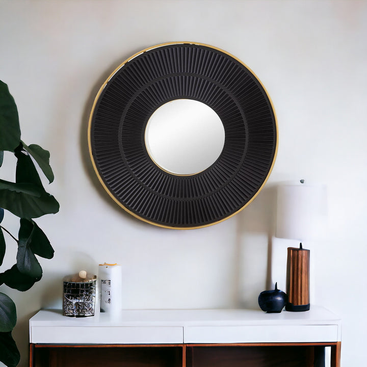 32" Black and Gold Round Framed Accent Mirror