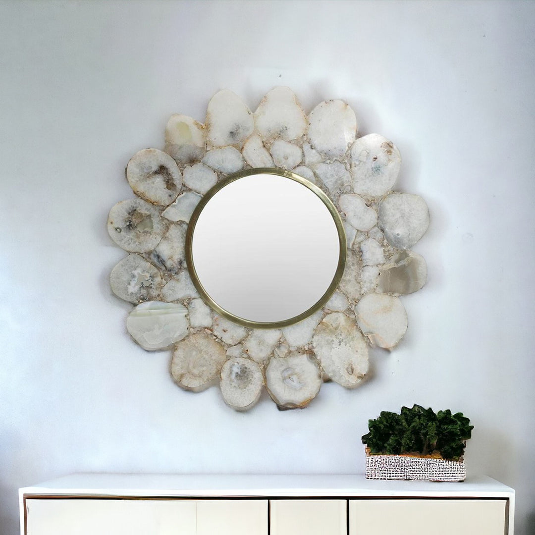 30" White and Gold Abstract Framed Accent Mirror