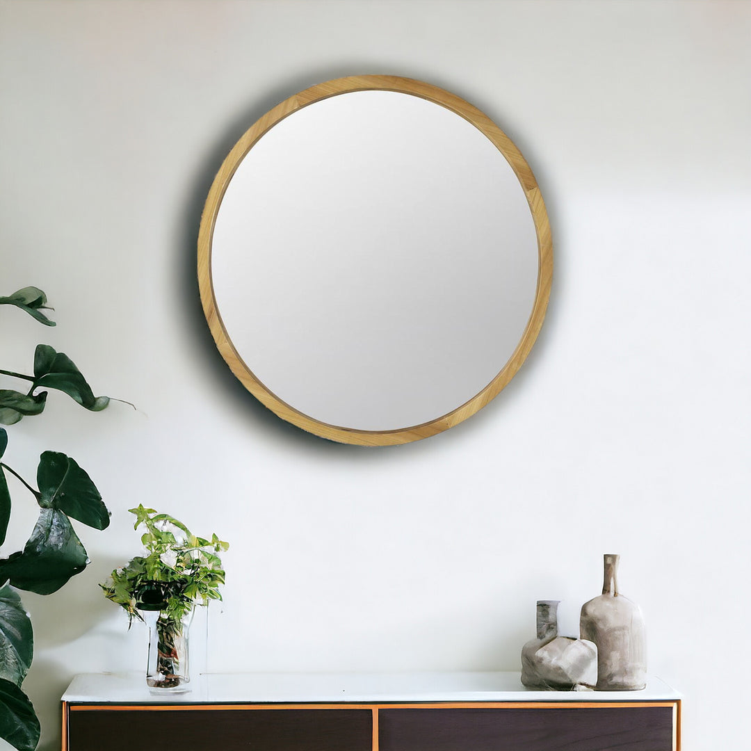 28" Brown Round Framed Accent Mirror