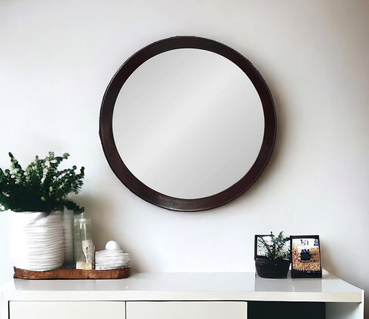 20" Dark Brown Round Framed Accent Mirror