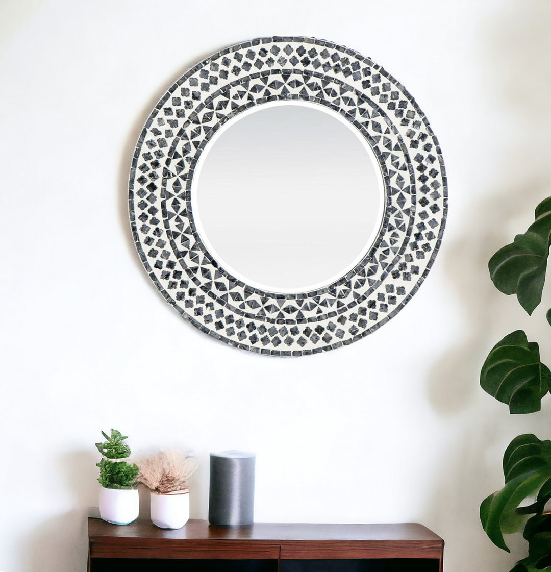 24" Black and White Round Framed Accent Mirror