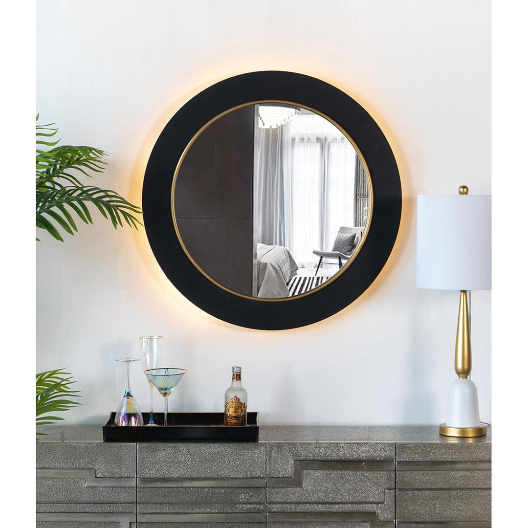 32" Black and Gold Lighted Round Framed Accent Mirror